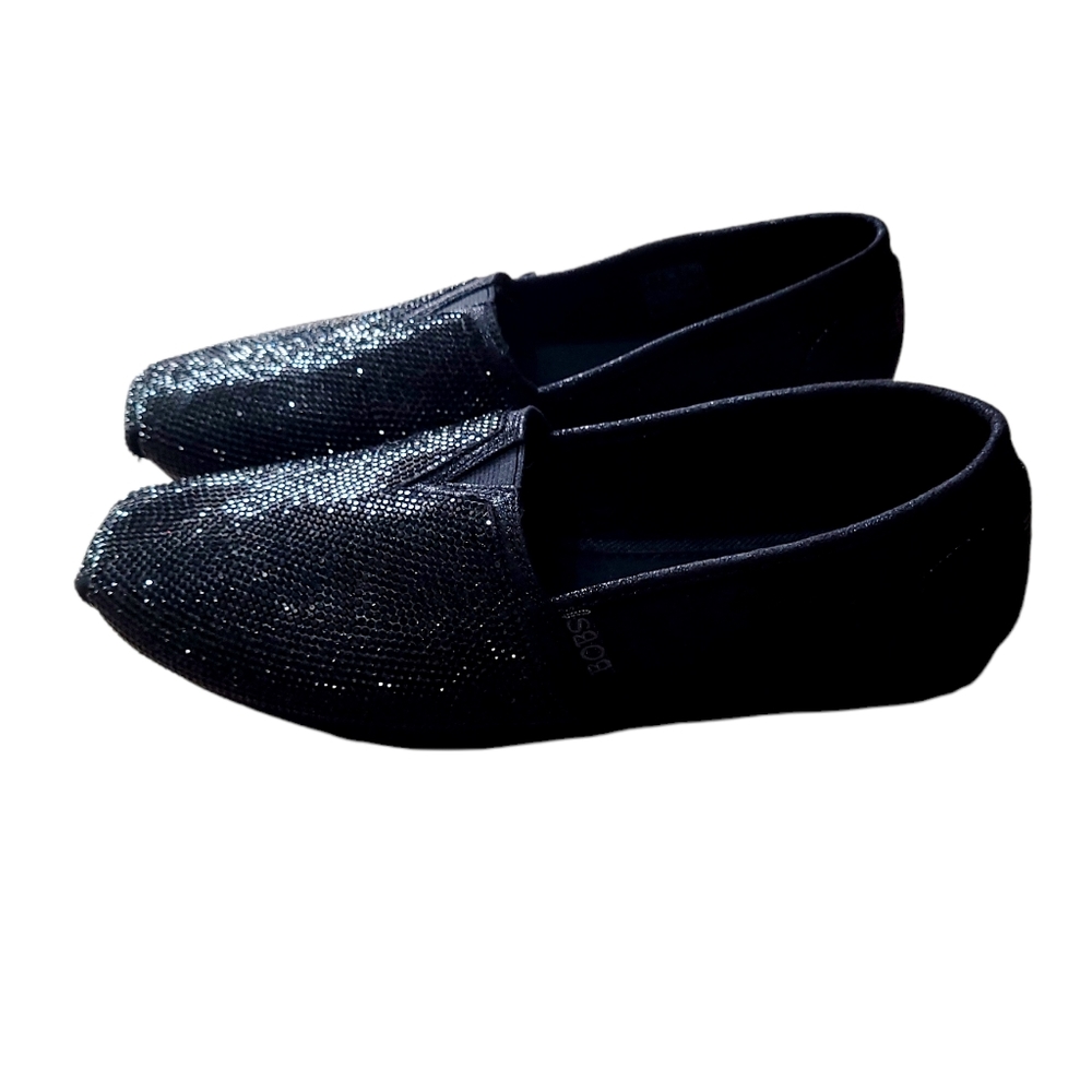 BOB'S SKECHER Black Glitter Plush Women's Size 8 Slip On Canvas Shoes - Picture 5 of 13